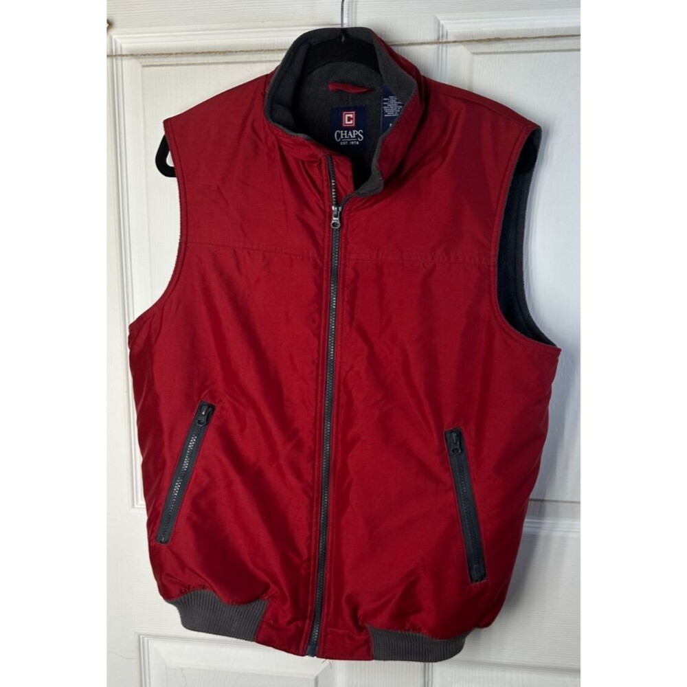 Chaps Vest Men's Medium Red Polyester Full Zip Grey Fleeced Lined Windbreaker
